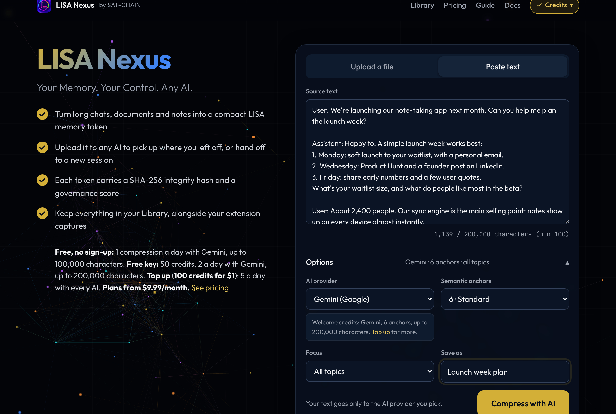 LISA Nexus with a pasted conversation and the options: AI provider, semantic anchors, focus and name