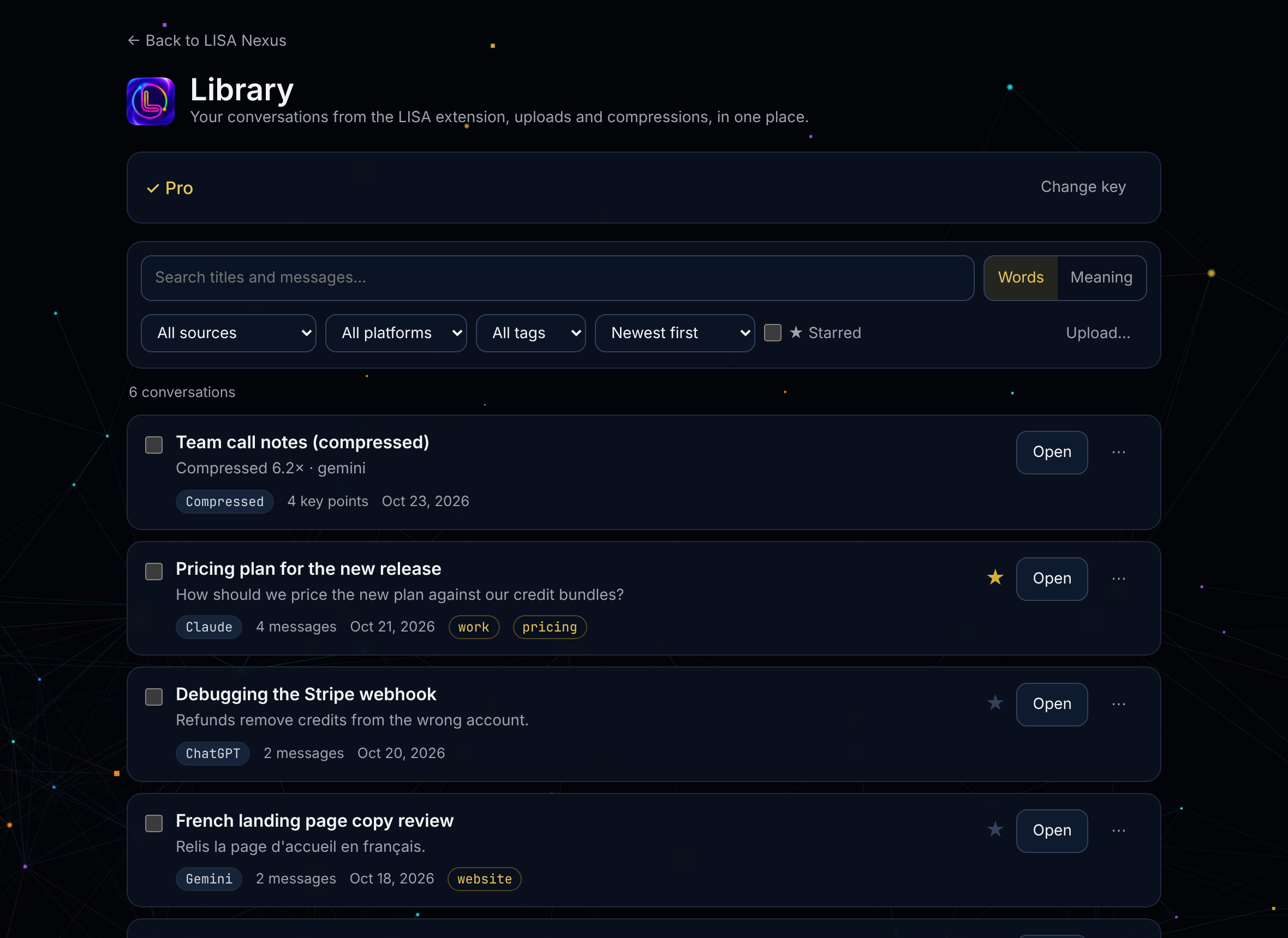 The LISA Library: search by words or meaning, filters, and conversation cards with platform, tags, a star and Open