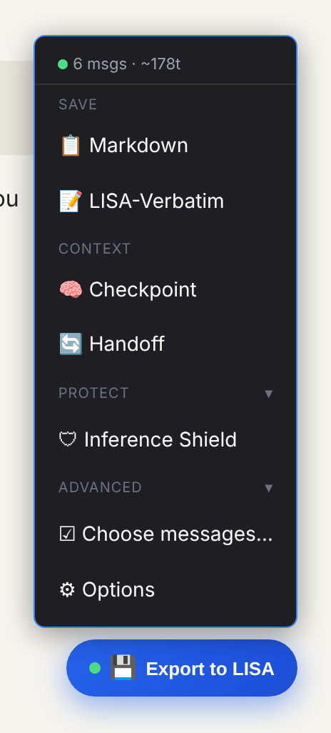 The LISA floating button menu on an AI chat: Markdown, LISA-Verbatim, Checkpoint, Handoff, Inference Shield, Choose messages and Options
