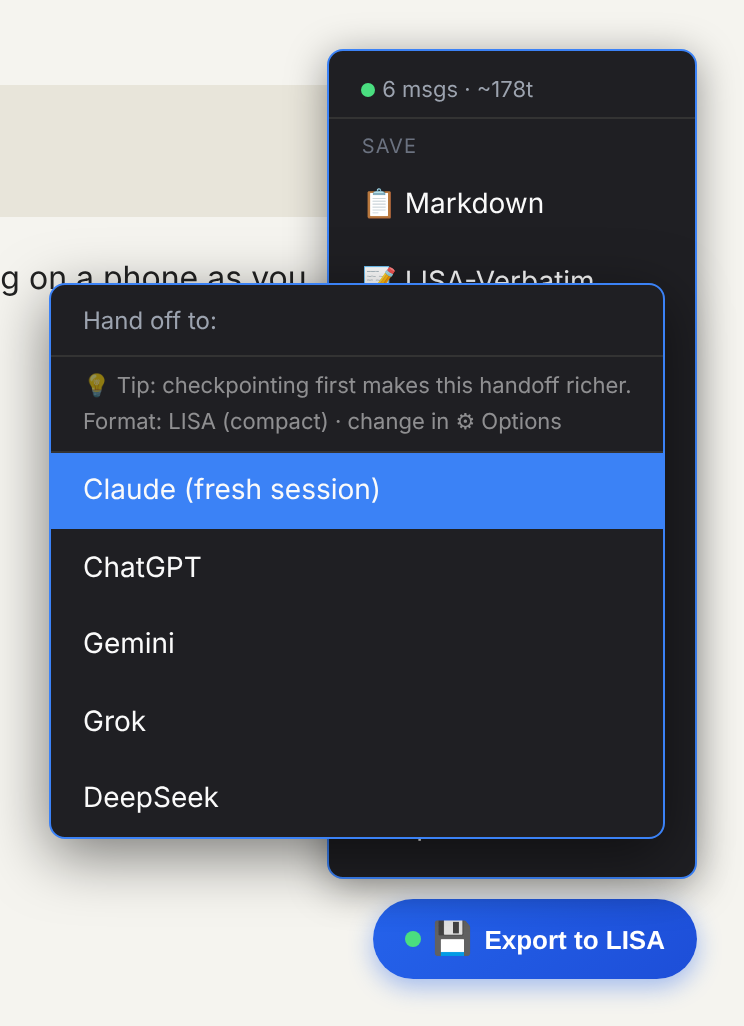 The Handoff panel listing destinations: Claude (fresh session), ChatGPT, Gemini, Grok and DeepSeek