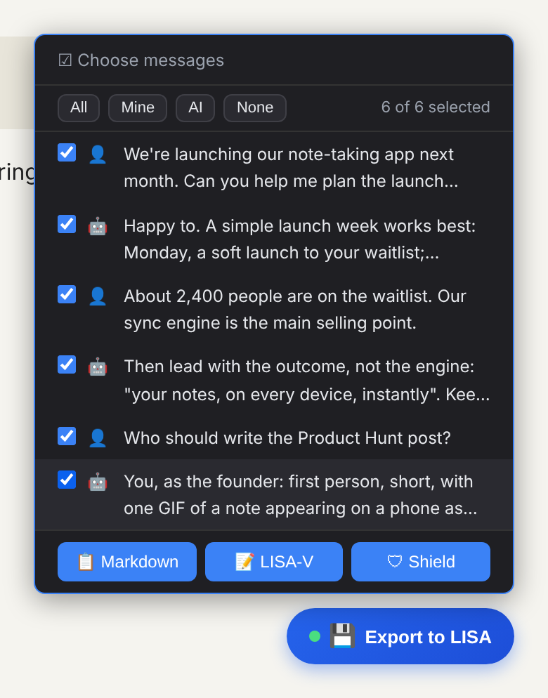 Choose messages: a list of the conversation's messages with checkboxes, and Markdown, LISA-V and Shield buttons