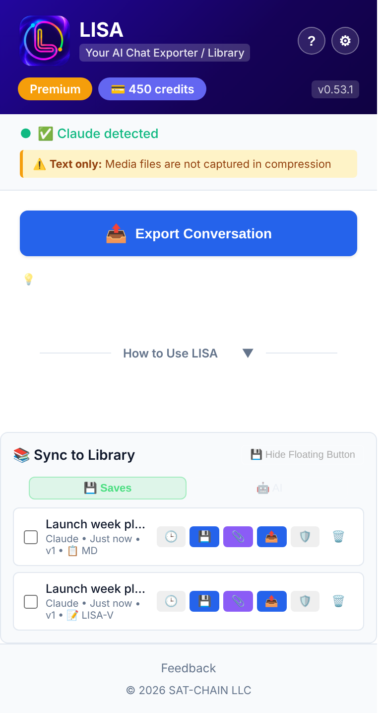 The LISA popup: plan and credits, Export Conversation, and saved conversations with buttons to download, attach, send to LISA Nexus or check with Inference Shield